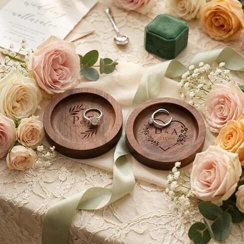 Personalized Walnut Wood Ring Dish, Custom Round Engraved Jewelry Dish with Name, Wooden Jewelry Tray for Engagement Wedding, Small Trinket Dish for Nightstand, Anniversary in Kuwait