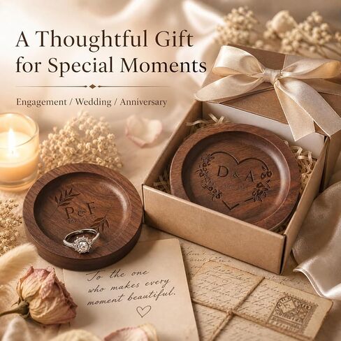 Personalized Walnut Wood Ring Dish, Custom Round Engraved Jewelry Dish with Name, Wooden Jewelry Tray for Engagement Wedding, Small Trinket Dish for Nightstand, Anniversary in Kuwait