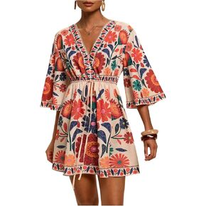 WDIRARA Women's Floral A Line Short Dress V Neck 3/4 Sleeve Flowy Dresses Boho Beach Vacation in Saudi Arabia