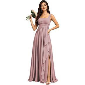Square Neck Bridesmaid Dresses for Women Ruffles Chiffon Formal Wedding Guest Dress with Slit in Saudi Arabia