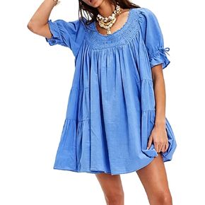 Foidiccx Womens Loose Cotton Ruffle Eyelet Babydoll Puff Sleeve Mini Dress Y2k Boho Summer Going Out Short Flowy Sundress in Saudi Arabia