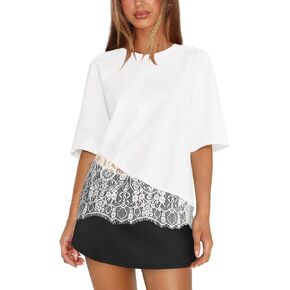 Womens Lace Tops for Women Short Sleeve Top Crew Neck Patchwork T Shirt Casual Overlay Tee Summer Going Out Blouse in Saudi Arabia
