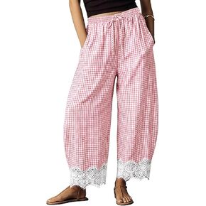 Lace Hem Gingham Barrel Pants for Women Plaid Wide Leg Trousers Drawstring Waist Lounge Pants with Pockets in Saudi Arabia