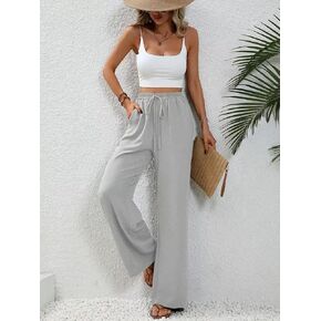 Women's high-Waisted Elastic Casual Trousers Wide-Leg Summer Trousers with Pockets Lightweight and Comfortable. in Kuwait