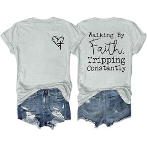 Christian Shirts for Women Walking by Faith Tripping Constantly T Shirt Religious Jesus Inspirational Tees Tops in Saudi Arabia