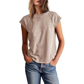 Pinclodly Basic Tees for Women Short Sleeve Crewneck Tshirts Casual Cap Sleeve Summer Tops Exposed Seam Cotton Fitted Shirts in Saudi Arabia