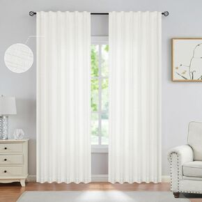 Linen Herringbone Stripe Semi Sheer Recycleable Curtain Panels for Bedroom Back Tab Rod Pocket Linen Texture White Window Treatment Drape for Living Room Farmhouse, 54"x84", 2 Panels, Linen/White in Saudi Arabia