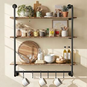 3 Tier Industrial Pipe Floating Shelf, 24" Kitchen Wall Shelves with Towel Bar & 6 Hooks, Coffee Bar Shelves Display Bookshelf Wall Shelf for Kitchen, Bathroom, Home Décor, Rustic Brown in Saudi Arabia