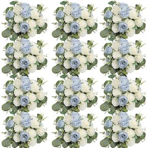 Peonies Artificial Flowers Bulk, 12 Bundles Fake Silk Peonies Faux Eucalyptus Bouquet Realistic Peony Floral Arrangement for Wedding Table Centerpiece Vase Decor (Dusty Blue & White) in Saudi Arabia