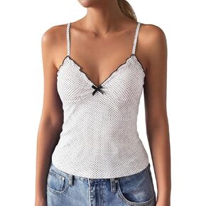 Women's Polka Dot Cami Y2k Lace Trim V Neck Spaghetti Strap Cute Bow Camisole Trendy Going Out Tank Top in Saudi Arabia