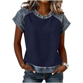 Denim Printed Patchwork Shirt Women Waffle Top Short Sleeve Crewneck Shirts Vintage Faux Jean Tops Color Block Top in Saudi Arabia