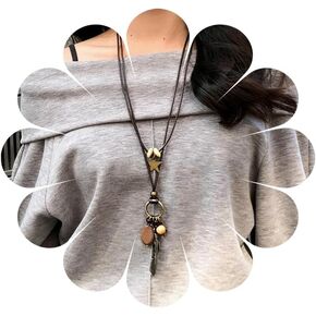 Vintage Long Boho Necklaces for Women Stacking Leather Cord Wooden Disc Pendant Necklaces Adjustable Trendy Necklace Jewelry in Saudi Arabia