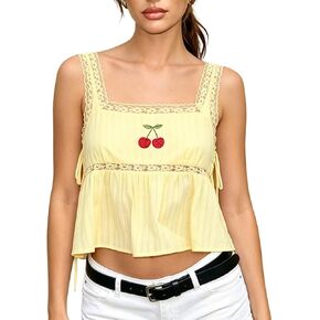 Women Lace Eyelet Tank Top Square Neck Ruffle Peplum Cami Top Lace Trim Embroidery Sleeveless Tank Vest in Saudi Arabia