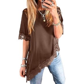 Pinclodly Asymmetrical Tops for Women Lace Patchwork Satin Top Crewneck Oversized Tee Shirts Side Slit Short Sleeve Y2K Tops in Saudi Arabia