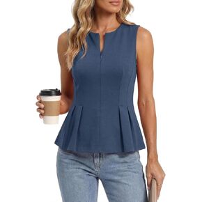 Simplee Womens Summer Peplum Tops Business Sleeveless Dressy Casual Zip Up Work Going Out Tank Vest Blouses Shirts in Saudi Arabia
