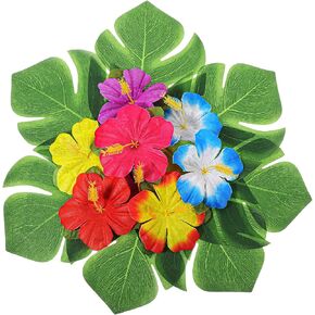 60Pcs Tropical Party Decorations Supplies - 20cm/7.8" Tropical Palm Leaves and Artificial Hibiscus Flowers for Hawaiian Luau Party Table Decor in Saudi Arabia
