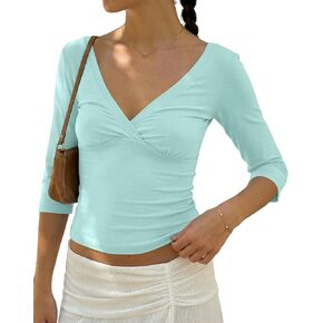Cioatin Women 3/4 Long Sleeve Wrap V Neck Crop Tshirt Tops V Open Back Retro Tee Y2K Minimalist Slim Fit Summe Going Out Tops in Saudi Arabia