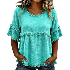 Womens Linen Tops Summer Casual Short Sleeve Shirts Fringe Retro Cotton Linen Blouses Raw Hem Beach Clothes in Saudi Arabia