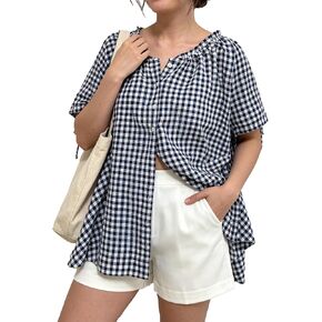 Women Gingham Tunic Casual Short Sleeve Pleated Scoop Neck Button Down Shirts Summer Top Loose Flowy Babydoll Blouse(Navy,S) in Saudi Arabia