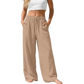 Wide Leg Linen Pants for Women Palazzo Drawstring Elastic Waist Pant 2026 Summer Loose Fit Trousers with Pockets in Kuwait
