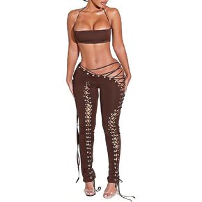 Women 2 Piece Outfits Criss Cross Bandage Cutout Gothic Pants Set in Saudi Arabia