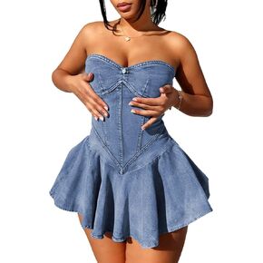 Women's Strapless Summer A-Line Denim Mini Dress Plated Bustier Corset Outfit Casual Lightweight Fashion in Saudi Arabia