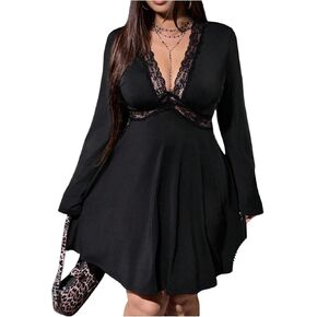GORGLITTER Women's Plus Size Lace Dresses Fall Y2k Long Sleeve Patchwork Gothic Birthday Cocktail Going Out Mini Dress in Kuwait