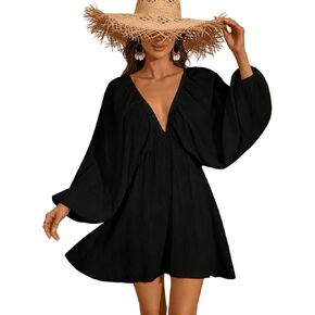 OYOANGLE Women's Tie Backless Textured Ruffle Dress Lantern Sleeve Deep V Neck Short Sundress Black Large in Saudi Arabia