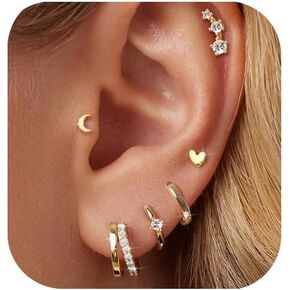Small Gold Hoop Earrings for Women Dainty Gold Earrings| 14K Gold Plated Hypoallergenic Stud earrings Set| Cartilage Earrings for Multiple Piercing for Women (01-Gold-Moon) in Saudi Arabia