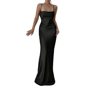 OYOANGLE Women's Satin Spaghetti Strap Backless Bodycon Dress Bridesmaid Maxi Wedding Guest Dresses in Saudi Arabia