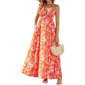 HTZMO Womens V Neck Summer Floral Maxi Sundress Halter Tie A Line Flowy Casual Boho Vacation Long Dresses with Pockets in Saudi Arabia