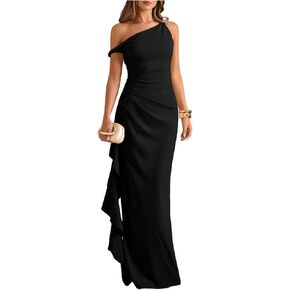 GORGLITTER Women's Ruched Off The Shoulder Ruffle Dress Asymmetrical Neck Evening Gown Wedding Party Prom Long Dresses in Saudi Arabia
