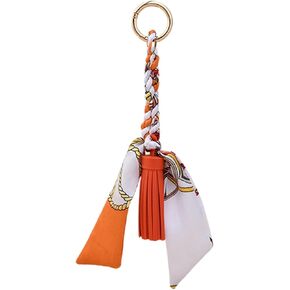Fashion Leather Tassel Keychain with Silk Scarf Ribbon Bow, Orange Bag Charm Car Key Ring Pendant，8.67 * 2.75 Inch in Saudi Arabia