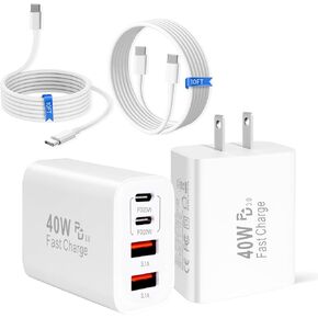 iPhone 16 15 Charger,40W Multiport USB C Charger Fast Charging Block,2Pack 4-Port Type C Phone Chargers Power Adapter 10FT Long Type C Charging Cable for iPhone 16 Pro/16 ProMax/16e/15 ProMax/15 Plus in Kuwait