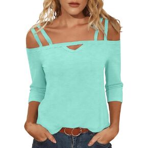 Women's Multi Strap Cold Shoulder Tops V Neck 3/4 Sleeve T Shirt Dressy Casual Blouse Trendy Party Summer Tops in Saudi Arabia