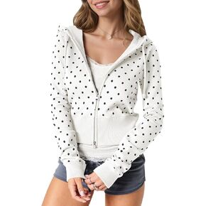Womens Polka Dot Cropped Zip Up Hoodie Y2k Jacket Fleece Zipper Hooded Sweatshirt Girls Cute Hoodies Streetwear in Saudi Arabia