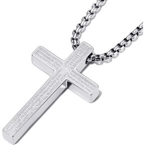Stainless Steel Lord's Prayer Cross Necklace for Men & Women Engraved Pendant with Polish & Matte Dual Finish, 24" Box Chain in Saudi Arabia