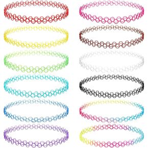 12PC Multicolour Tattoo Choker Necklace, Black Stretchy Elastic Vintage Trendy Y2K Fashion Jewelry, 90s Adjustable Retro Gothic Grunge Aesthetic Necklace, Summer Vacation Color Set in Kuwait
