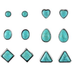6 Pairs Turquoise Earring Set for Women Vintage Silver Turquoise Square Heart Circle Studs Boho Vintage Jewelry for Women Fashion Accessories Gifts in Saudi Arabia