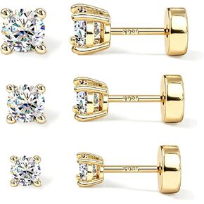 TenKa 3 Pairs 14K Gold Plated Stud Earrings for Women, 925 Sterling Silver Post Flat Back Hypoallergenic Cubic Zirconia Cartilage Earrings, Helix Tragus Piercing Jewelry Small Studs in Saudi Arabia