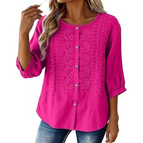 Embroidered Cotton Linen Tops for Women 3/4 Sleeve Button Peasant Shirts Blouses Casual Gauze Summer Loose Tunics in Saudi Arabia