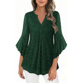 Women Sparkly Tops Dressy Ruffle 3/4 Sleeve Blouses Glitter Cocktail Party Evening Shirt Xmas New Plus Size Clothes in Saudi Arabia