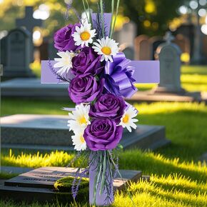 Cross for Cemetery Grave with Flowers: Outdoor Easter Grave Decorations for Cemetery - Purple Roses Artificial Flowers Memorial Wooden Cross for Gravesites in Saudi Arabia