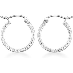 14K White Gold Textured Sparkle Cut Hoop Earrings in Kuwait