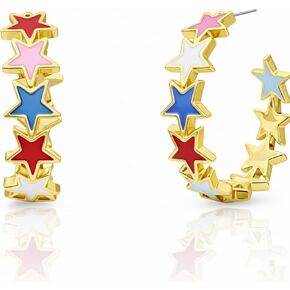 Packed Party Patriotic Star Hoop Earrings – Hypoallergenic Gold-Tone Hoops with Red White Blue Enamel Stars for 4th of July, 1.5 Inch in Saudi Arabia