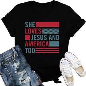 Loves Jesus and America Too Shirt Women USA 4th of July Christian T-Shirt American Independence Day Patriotic Tee in Kuwait