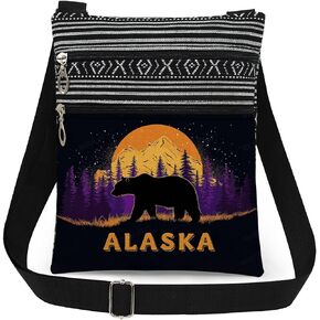 Alaska Wilderness Crossbody Bag Black Bear Moonlit Mountain Landscape Print Messenger Bag Adjustable Strap Purse for Outdoor Enthusiasts Nature Themed Gift for Adventurers Birthday Present in Saudi Arabia