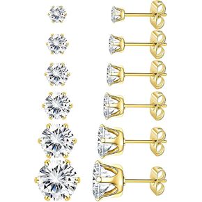 NEWITIN 6 Pairs Gold Earrings for Women Stainless Steel Stud Earring Set | Hypoallergenic 316L, 18K Gold Plated, Cubic Zirconia, 3-8mm, Halo Earring for Women Men, Cartilage Studs, Multiple Piercing in Saudi Arabia
