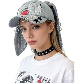 Gothic Denim Rabbit Hat with Ears Bunny Ears Hat Y2k Grunge Iron Ring Chain Cap Distressed Baseball Caps Ripped Jean Cap in Saudi Arabia