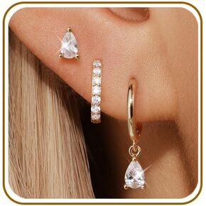 3 Pairs Earrings Set for Women, 14K Gold or 925 Sterling Silver Hypoallergenic CZ Stud Huggie Hoop and Drop Earrings, Dainty Ear Stack Jewelry for Multiple Piercings, Gift for Her in Saudi Arabia